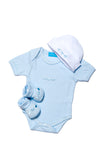 ensemble cadeau naissance bébé body,chaussons et bonnet assortis bleu ciel