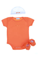 ensemble cadeau naissance bébé orange body, chaussons et bonnet vert assortis