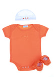 ensemble cadeau naissance bébé orange body, chaussons et bonnet vert assortis