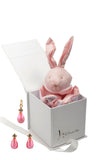 cadeau naissance coffret bijou bébé ou maman boucles d'oreilles pendentif goutte rose diamant doudou lapin