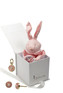 cadeau naissance coffret bijou bébé ou maman boucles d'oreilles pendentif perle rond rose doudou lapin