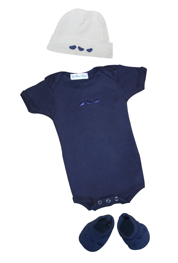 ensemble cadeau naissance bébé body,chaussons et bonnet assortis bleu marine