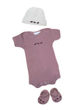 ensemble cadeau naissance bébé body,chaussons et bonnet assortis parme