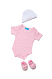 ensemble cadeau naissance bébé body,chaussons et bonnet assortis rose clair