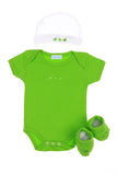 ensemble cadeau naissance bébé vert body, chaussons et bonnet vert assortis