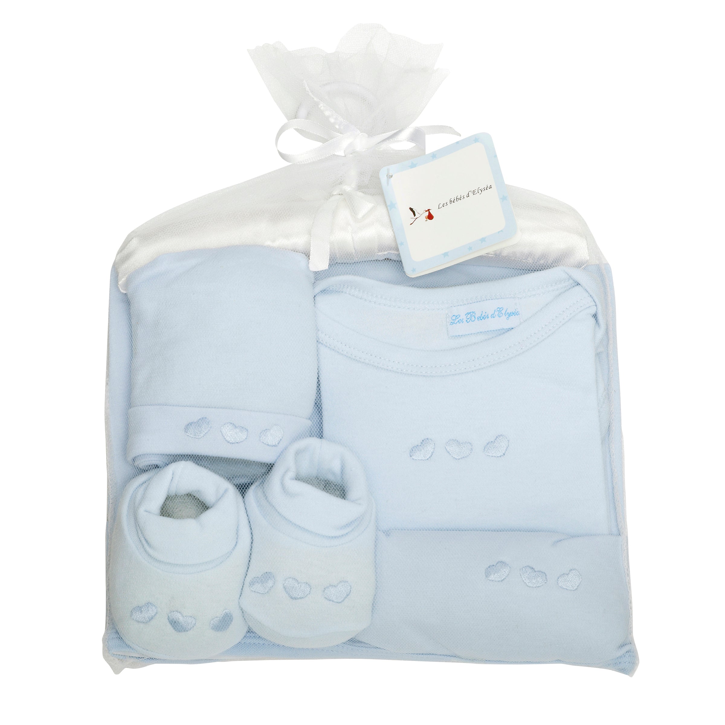 Coffret cadeau de naissance pour bébé garçon bleu 5 pièces body