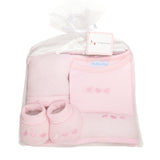 cadeau naissance bébé ensemble body chaussons débarbouillette ceintreet bonnet assortis rose