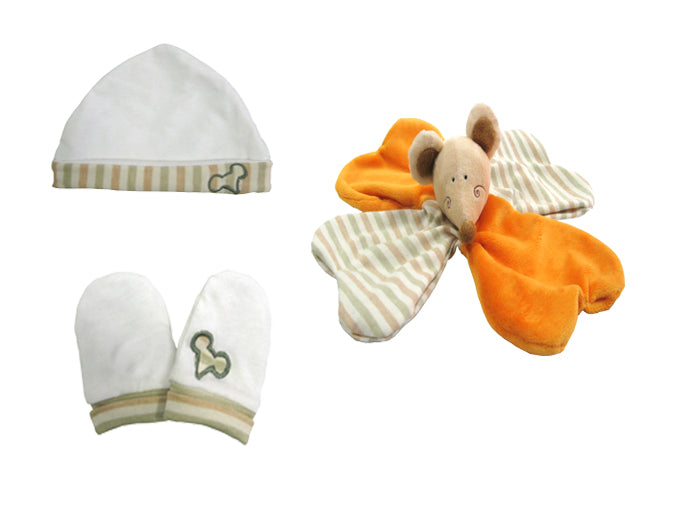 cadeau naissance bébé  doudou bonnet gants souris orange
